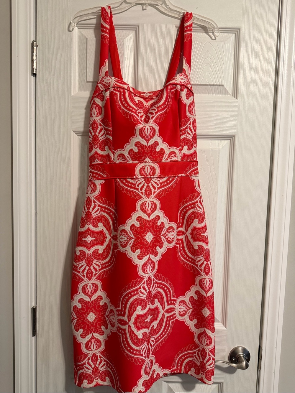 Adrianna Papell Red and White Midi Dress with Ornate Print
